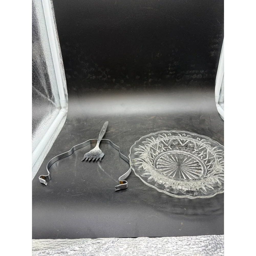 Vintage Pressed Glass Relish Dish with Chrome Handle and‎ Serving Fork Set